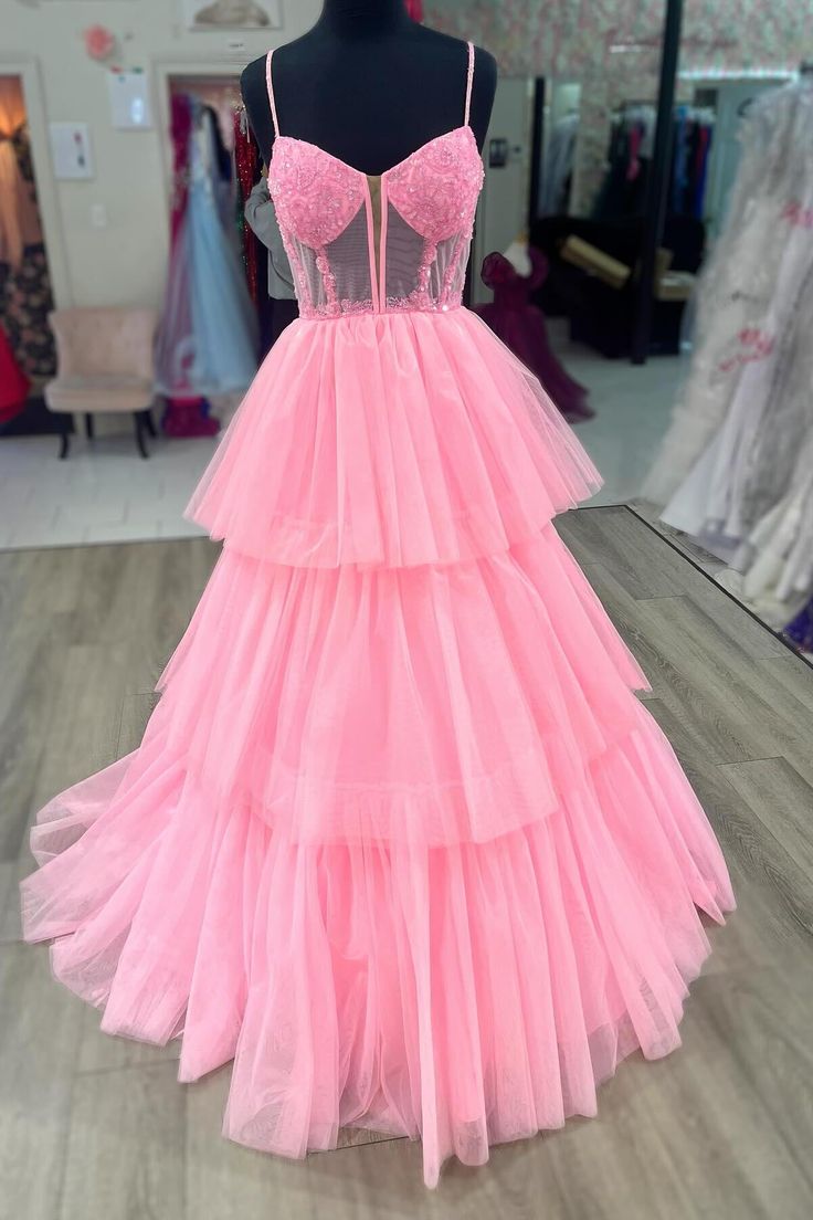 Sweetheart Spaghetti Straps Tulle A-Line Tiered Party Prom Dress