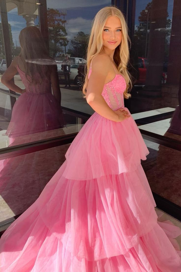 Sweetheart Spaghetti Straps Tulle A-Line Tiered Party Prom Dress