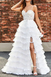 Sweetheart Spaghetti Straps Tulle A-Line Tiered Prom Dress