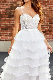 Sweetheart Spaghetti Straps Tulle A-Line Tiered Prom Dress