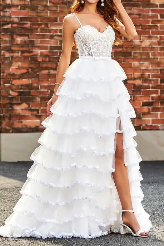 Sweetheart Spaghetti Straps Tulle A-Line Tiered Prom Dress