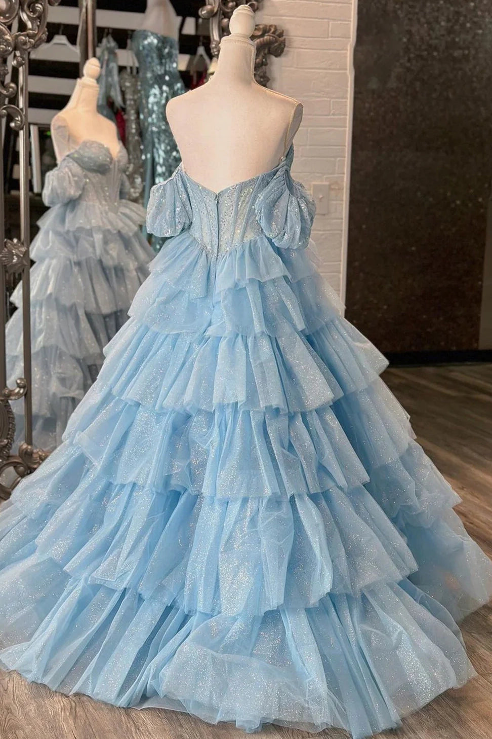 Sweetheart Sparkly Tulle A-Line Tiered Prom Gown