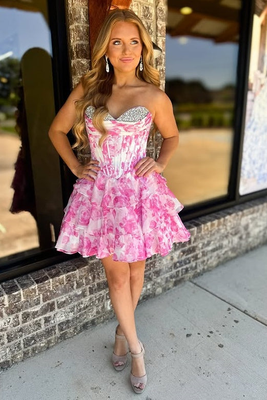 Sweetheart Strapless A-Line Empire Beaded Floral Homecoming Dress