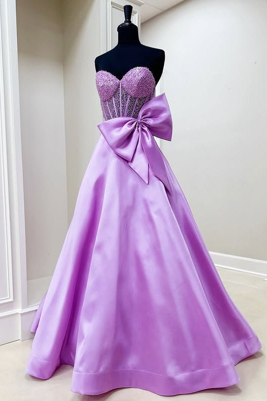 Sweetheart Strapless A-Line Empire Beaded Prom Dress With Bow