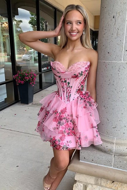 Sweetheart Strapless A-Line Floral Tiered Homecoming Dress
