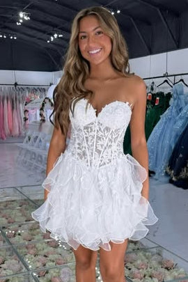 Sweetheart Strapless A-Line Lace And Chiffon Ruffle Homecoming Dress