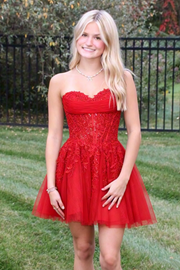Sweetheart Strapless A-Line Lace Appliques Tulle Party Homecoming Dress