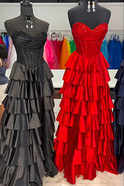 Sweetheart Strapless A-Line Satin And Lace Tiered Party Prom Dress