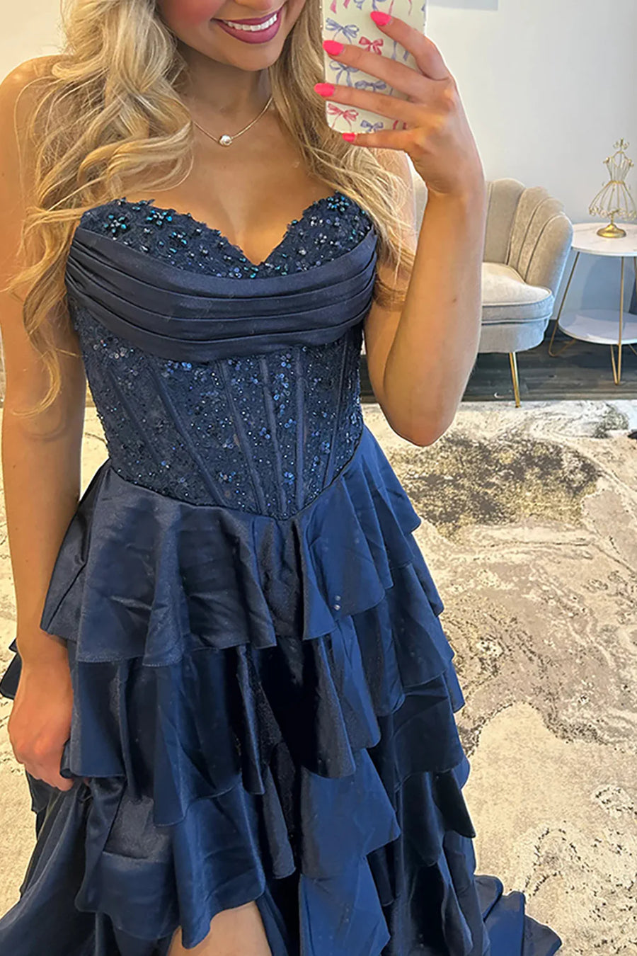 Sweetheart Strapless A-Line Satin And Lace Tiered Party Prom Dress