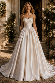 Sweetheart Strapless A-Line Satin Empire Maxi Wedding Dress With Train