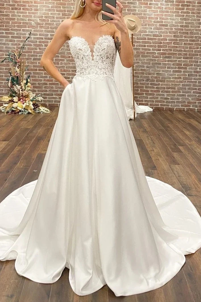 Sweetheart Strapless Appliques A-Line Wedding Dress Custom Color / Custom Size Sweetheart Strapless Appliques A-Line Wedding Dress Custom Color / Custom Size