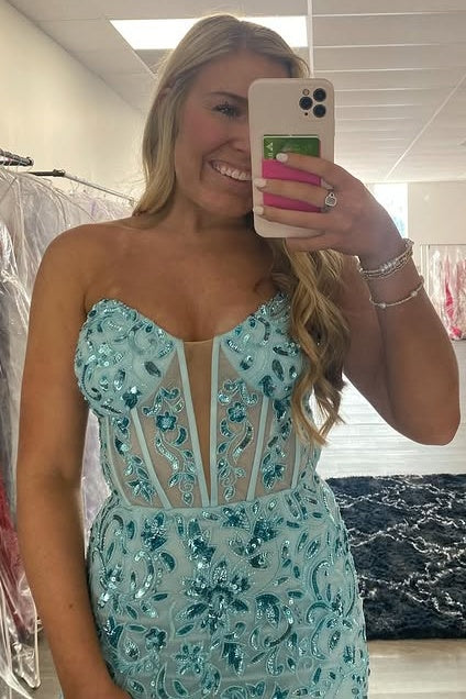 Sweetheart Strapless Bodycon Empire Appliques Mini Homecoming Dress