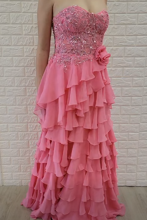 Sweetheart Strapless Chiffon A-Line Lace Appliques Party Prom Dress