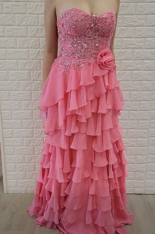 Sweetheart Strapless Chiffon A-Line Lace Appliques Party Prom Dress