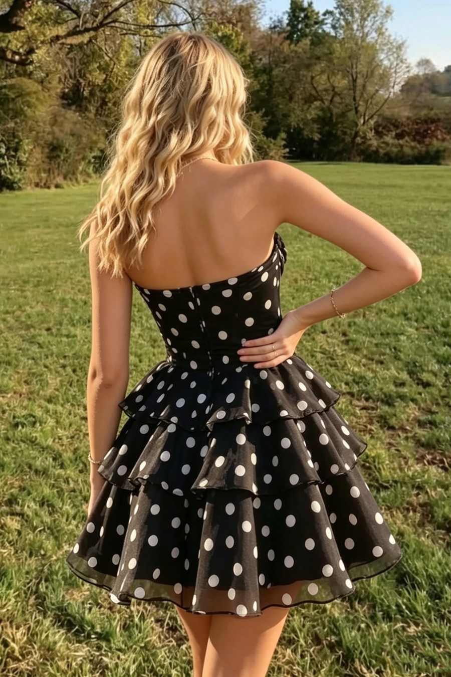 Sweetheart Strapless Chiffon A-Line Tiered Polka Dots Homecoming Dress