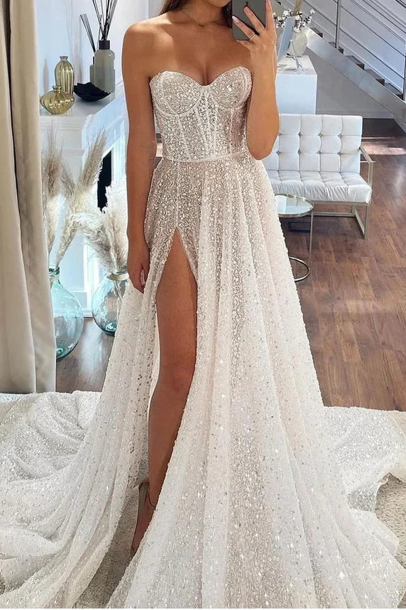 Sweetheart Strapless Empire A-Line Long Sequins Wedding Dress Ivory / US 16 Sweetheart Strapless Empire A-Line Long Sequins Wedding Dress Ivory / US 16