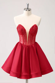 Sweetheart Strapless Empire Beaded A-Line Satin Homecoming Dress