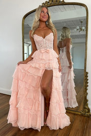 Sweetheart Strapless Empire Tiered Lace A-Line Prom Dress