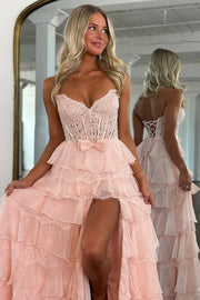 Sweetheart Strapless Empire Tiered Lace A-Line Prom Dress