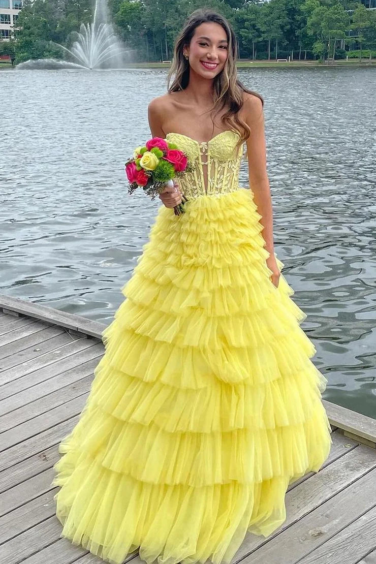 Sweetheart Strapless Empire Tiered Tulle A-Line Prom Dress