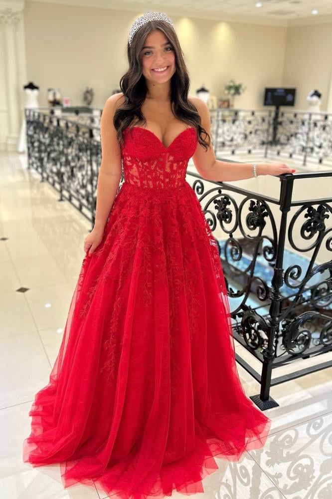 Sweetheart Strapless Empire Tulle A-Line Lace Party Prom Dress