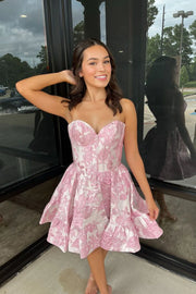 Sweetheart Strapless Floral Satin A-Line Short Homecoming Dress