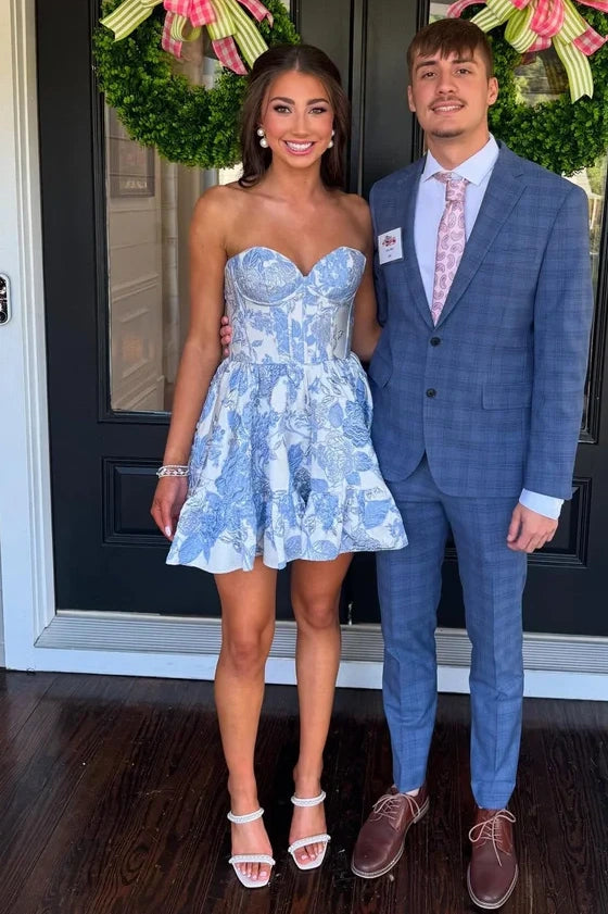 Sweetheart Strapless Floral Satin A-Line Short Homecoming Dress
