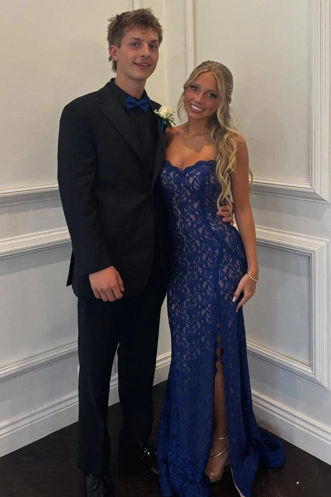 Sweetheart Strapless Fully Lace Mermaid Party Prom Dress With Slit