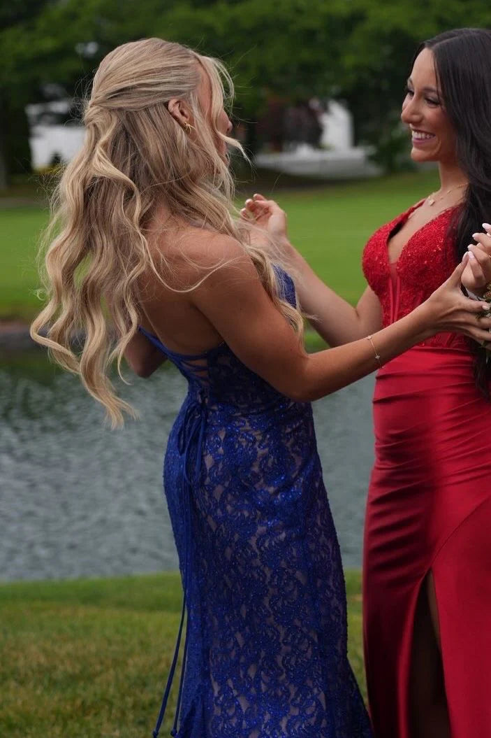 Sweetheart Strapless Fully Lace Mermaid Party Prom Dress With Slit