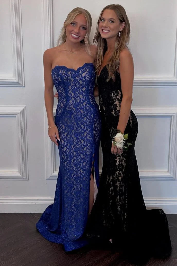 Sweetheart Strapless Fully Lace Mermaid Party Prom Dress With Slit