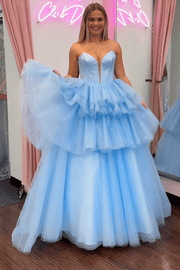 Sweetheart Strapless Glitter Tulle A-Line Tiered Prom Dress