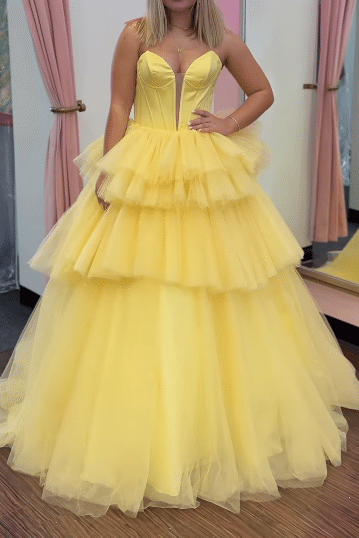 Sweetheart Strapless Glitter Tulle A-Line Tiered Prom Dress