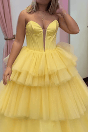 Sweetheart Strapless Glitter Tulle A-Line Tiered Prom Dress