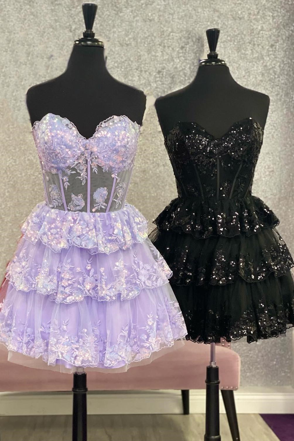 Sweetheart Strapless Lace A-Line Tiered Homecoming Party Dress