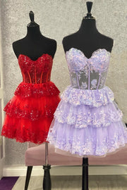 Sweetheart Strapless Lace A-Line Tiered Homecoming Party Dress