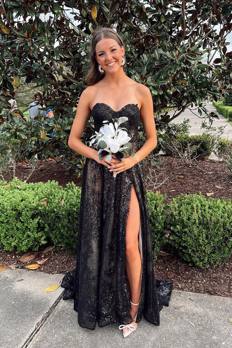 Sweetheart Strapless Lace A-Line With Slit Prom Dress