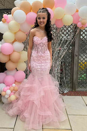 Sweetheart Strapless Lace And Tiered Tulle Mermaid Party Prom Dress 