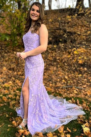 Sweetheart Strapless Lace Appliques With Slit  Prom Dress