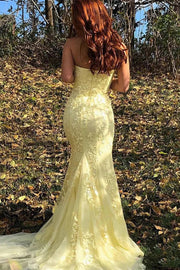 Sweetheart Strapless Lace Appliques With Slit  Prom Dress