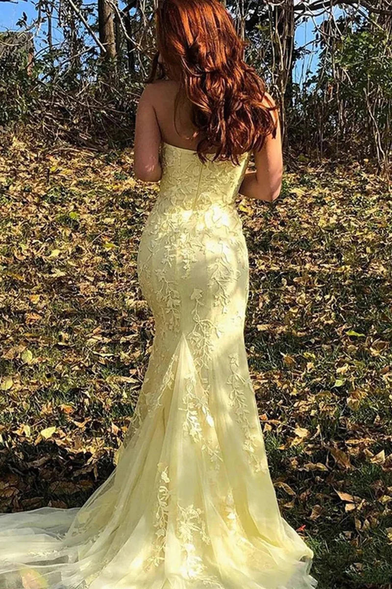 Sweetheart Strapless Lace Appliques With Slit  Prom Dress