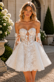 Sweetheart Strapless Lace Floral A-Line Lace-Up Short Wedding Dress