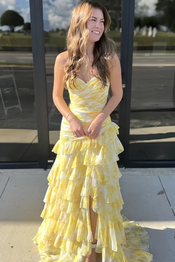 Sweetheart Strapless Mermaid Chiffon Appliques Tiered Party Prom Dress