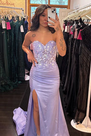Sweetheart Strapless Mermaid Lace Top  Prom Party Dress With Slit
