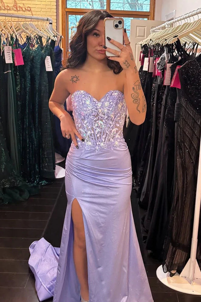 Sweetheart Strapless Mermaid Lace Top  Prom Party Dress With Slit