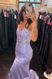 Sweetheart Strapless Mermaid Lace Top  Prom Party Dress With Slit