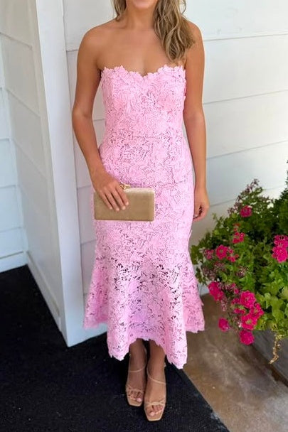 Sweetheart Strapless Mermaid Pink Lace Party Prom Dress