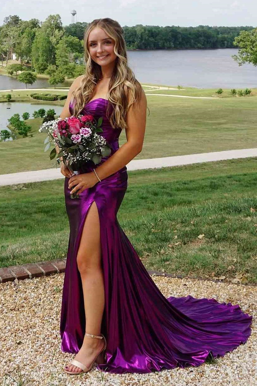 Sweetheart Strapless Mermaid Satin Party Prom Dress With Train