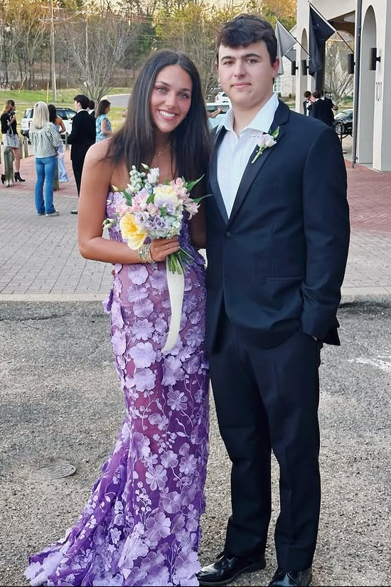 Sweetheart Strapless Purple Floral Lace Mermaid Party Prom Dress