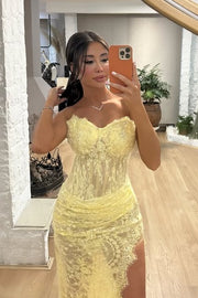 Sweetheart Strapless Ruched Empire Sheer Lace Party Prom Dress