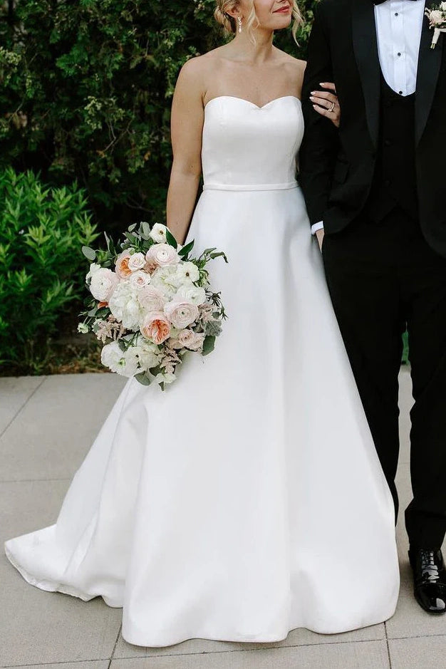Sweetheart Strapless Satin A-Line Empire with Train Wedding Dress White / US 6 Sweetheart Strapless Satin A-Line Empire with Train Wedding Dress White / US 6